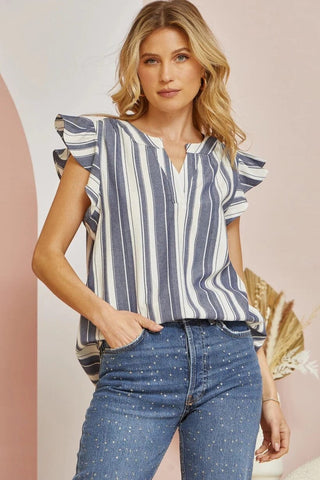 Stripe Navy White Flutter Sleeveless Top Tops Andree by Unit 
