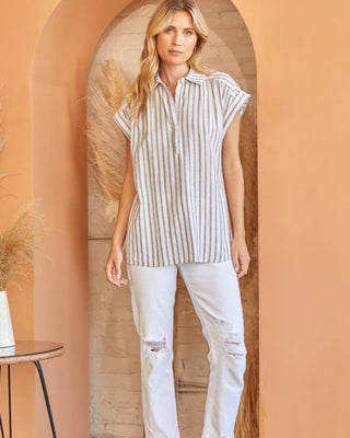 Cataluna Shortsleeve Striped Linen Top Tops Andree by Unit 