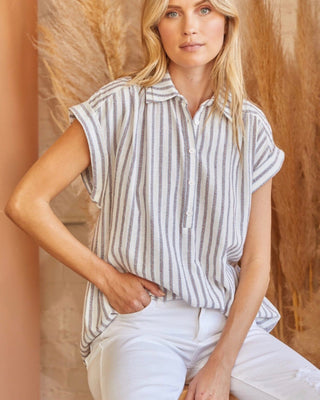Cataluna Shortsleeve Striped Linen Top Tops Andree by Unit 