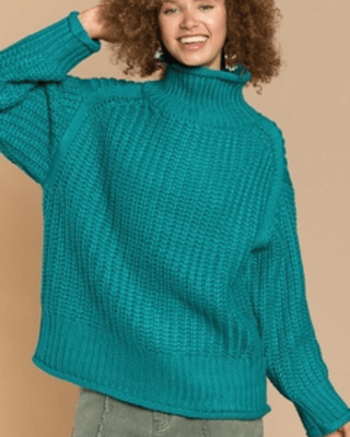 Ocean Teal Rolled Edge Chunky Sweater Sweaters POL 
